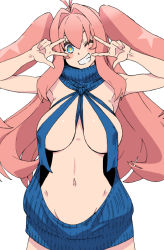 Rule 34 | 1girl, blue eyes, blush, breasts, covered erect nipples, double w, fumitan (humitan), grin, large breasts, long hair, looking at viewer, meme attire, navel, original, pink hair, simple background, smile, solo, teeth, twintails, virgin killer sweater, w, white background