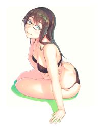 Rule 34 | 1girl, arm support, ass, bare arms, bare shoulders, bikini, black-framed eyewear, black bikini, black hairband, breasts, brown hair, butt crack, cleavage, closed mouth, from side, full body, glasses, green eyes, hairband, highres, kantai collection, leaning forward, long hair, looking at viewer, looking to the side, medium breasts, ooyodo (kancolle), semi-rimless eyewear, simple background, sitting, smile, solo, strapless, strapless bikini, swimsuit, tareme, thighs, under-rim eyewear, water drop, wet, wet hair, white background, yokozuwari, yuuji (and)