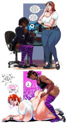 Rule 34 | 1boy, 1girl, absurdres, all fours, ass, ass grab, blush, bonnet, bracelet, breasts, brown hair, clothed sex, computer, dark-skinned male, dark skin, doggystyle, ear piercing, english text, glasses, grabbing, grabbing from behind, heart, heels, hetero, highres, huge ass, huge breasts, interracial, jewelry, medium hair, open mouth, orange hair, original, piercing, plump, ponytail, sex, sex from behind, short hair, speech bubble, surprised, thighhighs, tongue, tongue out, vogol