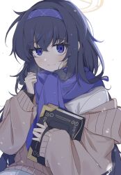 Rule 34 | 1girl, black hair, blue archive, blush, book, cardigan, free donut, grey cardigan, hair between eyes, hairband, halo, highres, holding, holding book, long hair, long sleeves, open cardigan, open clothes, purple eyes, purple hairband, purple scarf, scarf, simple background, solo, ui (blue archive), upper body, white background, yellow halo