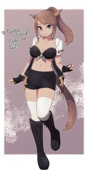 Rule 34 | 1girl, animal ears, warrior of light (ff14), black gloves, blurry, blurry background, boots, border, bow, breasts, closed mouth, commission, cross-laced footwear, fictional persona, final fantasy, final fantasy xiv, fingerless gloves, front-tie top, gloves, highres, knee boots, lace-up boots, lamb-oic029, long hair, looking at viewer, medium breasts, midriff, miqo&#039;te, outside border, patterned background, ponytail, sidelocks, skeb commission, smile, solo, square enix, thighhighs, white background, white thighhighs