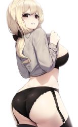 Rule 34 | 1girl, ass, black bra, black panties, blonde hair, bow, bra, breasts, brown eyes, clenched teeth, clothes lift, cowboy shot, ddangbi, garter straps, grey shirt, hair bow, highres, large breasts, long sleeves, looking at viewer, looking back, original, panties, ponytail, shirt, shirt lift, simple background, solo, teeth, thighs, underwear, white background