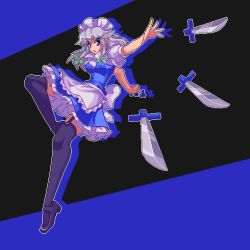Rule 34 | 1girl, apron, black background, black thighhighs, blue background, blue eyes, bow, braid, full body, garter belt, green bow, grey hair, hair bow, holding, holding knife, izayoi sakuya, knife, looking at viewer, lowres, maid, maid headdress, multicolored background, pixel art, potemki11, short sleeves, side braid, solo, thighhighs, touhou, twin braids, waist apron, white apron