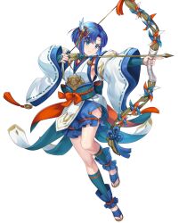 Rule 34 | 1girl, armpits, arrow (projectile), bare shoulders, blue eyes, blue hair, bow, bow (weapon), bowtie, catria (fire emblem), chachie, circle, closed mouth, detached sleeves, female focus, fire emblem, fire emblem: mystery of the emblem, fire emblem heroes, full body, hair ornament, highres, holding, holding bow (weapon), holding weapon, japanese clothes, matching hair/eyes, nintendo, non-web source, obi, official art, sandals, sash, serious, shiny skin, short hair, solo, thighs, toeless legwear, transparent background, weapon, wide sleeves