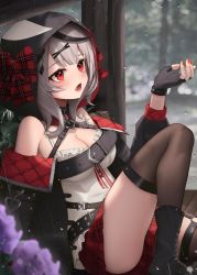 Rule 34 | 1girl, absurdres, bare shoulders, belt, black belt, black footwear, black gloves, black hair, black jacket, blush, boots, bow, breasts, brown thighhighs, cleavage, fang, fingerless gloves, gloves, grey hair, hair ornament, hairclip, highres, hololive, hood, hood up, jacket, knee up, looking away, medium breasts, multicolored hair, nail polish, open clothes, open jacket, open mouth, plaid, plaid bow, plaid skirt, pleated skirt, red bow, red eyes, red nails, red skirt, sakamata chloe, shirt, sitting, skirt, solo, streaked hair, thighhighs, thomas 8000, virtual youtuber, white shirt