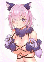 Rule 34 | 1girl, absurdres, animal ear fluff, animal ears, blush, breasts, closed mouth, elbow gloves, eyes visible through hair, fake animal ears, fate/grand order, fate (series), fur-trimmed gloves, fur collar, fur trim, furrowed brow, gloves, hair over one eye, halloween costume, hands up, highres, large breasts, light purple hair, looking at viewer, mash kyrielight, mash kyrielight (dangerous beast), o-ring, official alternate costume, purple eyes, purple gloves, revealing clothes, short hair, solo, togin, upper body, wolf ears