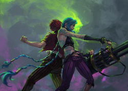 Rule 34 | 2girls, absurdres, arcane: league of legends, arcane jinx, arcane vi, arm tattoo, back-to-back, black gloves, black pants, blue hair, braid, brown pants, clenched hand, cloud tattoo, feet out of frame, fingerless gloves, gatling gun, gloves, green background, grey background, grin, highres, holding, holding weapon, jacket, jinx (league of legends), league of legends, long hair, mikandii, minigun, multiple girls, open mouth, pants, pink pants, red hair, red jacket, short hair, shoulder tattoo, siblings, sisters, sleeves pushed up, smile, steam, stomach tattoo, striped clothes, striped pants, tattoo, torn clothes, torn pants, twin braids, vi (league of legends), weapon