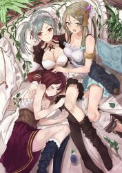 Rule 34 | 3girls, :d, ahoge, apron, aqua skirt, atelier (series), atelier lydie &amp; suelle, atelier sophie, black legwear, blue hair, braid, braided bangs, breasts, brown hair, commentary request, cushion, closed eyes, firis mistlud, from above, green eyes, hair between eyes, headpat, highres, large breasts, long hair, lying, maid headdress, medium breasts, multiple girls, on side, open mouth, paper, parted lips, pillow, plant, pleated skirt, ponytail, qmmparabellum, red eyes, short hair, side ponytail, sitting, skirt, sleeping, smile, sophie neuenmuller, tess heitzmann, thighhighs, thighhighs pull, v-shaped eyebrows, very long hair, waist apron, white apron