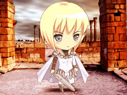 Rule 34 | 00s, 1girl, armor, blonde hair, cape, chibi, clare (claymore), claymore (series), claymore (sword), grey eyes, short hair, solo, sword, weapon
