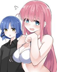 Rule 34 | 2girls, :o, black shirt, blue eyes, blue hair, blush, bocchi the rock!, bra, breast awe, breast hold, breasts, cleavage, collared shirt, commentary, crossed bangs, curvy, embarrassed, flying sweatdrops, gotoh hitori, hair between eyes, hair ornament, hairclip, highres, large breasts, long hair, looking at breasts, mame1645, midriff, mole, mole under eye, motion lines, multiple girls, one side up, open mouth, pink hair, shirt, short hair, sidelocks, simple background, straight hair, tears, underwear, upper body, very long hair, white background, white bra, yamada ryo, yellow eyes