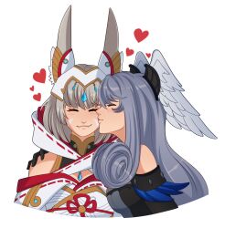 Rule 34 | 2girls, :3, animal ear fluff, black gloves, closed eyes, closed mouth, commentary, cropped torso, deebyfeeby, fangs, gloves, grey hair, head wings, heart, highres, long hair, medium hair, melia antiqua, multiple girls, nia (xenoblade), simple background, smile, symbol-only commentary, upper body, white background, wings, xenoblade chronicles (series), xenoblade chronicles 3, yuri