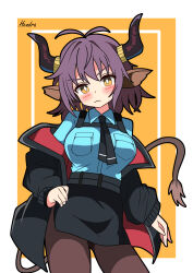 Rule 34 | absurdres, animal ears, antenna hair, arknights, black jacket, black necktie, black skirt, blue shirt, blush, breasts, brown eyes, brown pantyhose, closed mouth, collared shirt, commentary request, cow ears, cow girl, cow horns, cow tail, dress shirt, hair between eyes, head tilt, hendra, highres, horns, jacket, large breasts, long sleeves, looking at viewer, necktie, off shoulder, one-hour drawing challenge, open clothes, open jacket, orange background, pantyhose, puffy long sleeves, puffy sleeves, purple hair, shirt, sideroca (arknights), signature, skirt, sleeves past wrists, tail, two-tone background, v-shaped eyebrows, white background