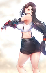 Rule 34 | 1girl, ass, back, bare shoulders, black skirt, blush, breasts, brown hair, closed mouth, commentary, commentary request, dated, earrings, elbow gloves, elbow pads, final fantasy, final fantasy vii, fingerless gloves, gloves, jewelry, large breasts, legs, long hair, looking at viewer, low-tied long hair, midriff, miniskirt, pencil skirt, red eyes, shirt, signature, simple background, skirt, smile, solo, suspender skirt, suspenders, tank top, taut clothes, taut shirt, thighs, tifa lockhart, very long hair, white background, zucchini