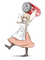 Rule 34 | 100 percent orange juice, apron, artist request, black pantyhose, braid, brown eyes, can, coca-cola, drink can, highres, holding, holding can, leg up, light brown hair, marc (orange juice), no shoes, open mouth, orange skirt, pantyhose, pocket, shirt, short hair, sigemaultraexa, simple background, skirt, soda can, solo, sweatdrop, toes, white background, yellow shirt