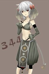 Rule 34 | 1girl, ahoge, bad id, bare shoulders, bikini, bikini top only, breasts, claydol, creatures (company), detached sleeves, female focus, game freak, gen 3 pokemon, grey hair, hair ornament, merlusa, nail polish, navel, nintendo, open mouth, personification, pokemon, red eyes, short hair, simple background, sleeves past wrists, solo, swimsuit, veil