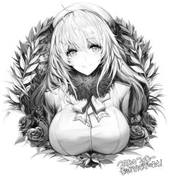 Rule 34 | 10s, 1girl, atago (kancolle), beret, breasts, flower, fur trim, gloves, greyscale, hat, kantai collection, large breasts, long hair, long sleeves, looking at viewer, military, military uniform, monochrome, nyunyuland (newtype), plant, rose, smile, snowball22, solo, uniform, upper body