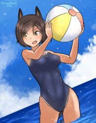 Rule 34 | 1girl, 2020, animal ears, artist name, ball, beachball, blue sky, bookmarkahead, breasts, brown hair, cloud, dated, dog ears, dog tail, dutch angle, covered erect nipples, hair over one eye, highres, horizon, kuroda kunika, medium breasts, noble witches, ocean, open mouth, short hair, sky, solo, swimsuit, tail, wading, water drop, world witches series