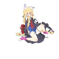 Rule 34 | 1girl, animal ear fluff, animal ears, bag, blonde hair, blue footwear, blue one-piece swimsuit, blush, braid, breasts, damaged, full body, girls&#039; frontline, glasses, gun, hair ornament, hair ribbon, hairclip, holding, holding gun, holding weapon, jewelry, long hair, long sleeves, looking at viewer, neckerchief, official alternate costume, official art, old school swimsuit, one-piece swimsuit, pandegg, pink socks, purple eyes, red neckerchief, ribbon, round eyewear, school bag, school swimsuit, sitting, skirt, small breasts, smile, socks, solo, sr-3mp, sr-3mp (commando bunny) (girls&#039; frontline), sr-3mp (girls&#039; frontline), swimsuit, swimsuit under clothes, torn clothes, transparent background, twin braids, very long hair, weapon