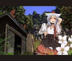 Rule 34 | 1girl, animal ears, axe, bad id, bad pixiv id, cliff, fang, female focus, flower, forest, hat, inubashiri momiji, japanese clothes, nature, nejime, outdoors, plant, short hair, silver hair, sky, solo, standing, tail, tokin hat, touhou, towel, tree, weapon, wolf ears, wolf tail