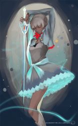 Rule 34 | 1girl, arm up, boots, dress, closed eyes, highres, holding, holding sword, holding weapon, jacket, long hair, ox-miruku, ribbon, rwby, scar, scar across eye, scar on face, short dress, side ponytail, solo, sword, watermark, weapon, web address, weiss schnee, white dress, white footwear, white hair