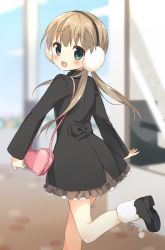 Rule 34 | 1girl, :d, bag, blurry, blush, brown hair, depth of field, earmuffs, from behind, green eyes, handbag, leg up, long hair, looking at viewer, looking back, low twintails, masuishi kinoto, open mouth, original, shima (shima je), skirt, smile, solo, twintails