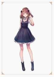 Rule 34 | 1girl, adjusting hair, ankle boots, belt, belt buckle, black bow, black dress, black footwear, blush, boots, bow, brown eyes, brown hair, buckle, collared shirt, dress, frilled dress, frills, full body, hair bow, hand in own hair, hand up, highres, kobutakurassyu, legs apart, light smile, looking at viewer, no socks, original, parted lips, pinafore dress, shirt, short hair, short sleeves, sidelocks, simple background, sleeveless dress, solo, standing, white background, white shirt, wing collar