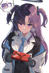 1girl absurdres black_coat black_gloves black_halo blazer blue_archive blue_eyes blue_hair blue_necktie blush closed_mouth coat collared_shirt commentary_request doodle_sensei_(blue_archive) food gloves hair_ornament halo highres holding holding_food holding_pocky jacket korean_commentary long_sleeves looking_at_viewer necktie off_shoulder pocky sensei_(blue_archive) shirt simple_background solo speech_bubble triangle_hair_ornament two_side_up white_background white_jacket white_shirt yamu_(yamu_030) yuuka_(blue_archive)