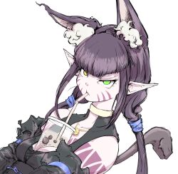 Rule 34 | animal ears, animal nose, body markings, brown hair, bubble tea, bubble tea challenge, cat ears, chimera (ragna crimson), detached sleeves, drinking straw, drinking straw in mouth, ebitama (ebitamamix), facial mark, frown, gold necklace, green eyes, hair tie, heterochromia, jewelry, looking at viewer, low twintails, necklace, obi, pointy ears, ragna crimson, sash, sidelocks, snake head tail, tail, twintails, upper body, white background, yellow eyes