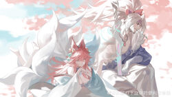 Rule 34 | 1boy, 1girl, absurdres, ahri (league of legends), animal ears, arm tattoo, artist name, bandaged arm, bandaged hand, bandages, beard, bell, blue eyes, breasts, cherry blossoms, cleavage, cloud, detached sleeves, eteru, facial hair, facial mark, fox ears, fox girl, fox tail, hair between eyes, highres, jewelry, katana, large breasts, league of legends, long hair, multiple tails, muscular, muscular male, mustache, necklace, official alternate costume, official alternate hairstyle, outdoors, pink hair, ponytail, sidelocks, sky, smile, spirit blossom (league of legends), spirit blossom ahri, spirit blossom yasuo, sword, tail, tattoo, weapon, whisker markings, white hair, wide sleeves, yasuo (league of legends)