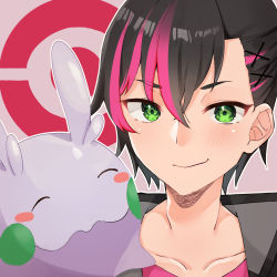 Rule 34 | 1girl, abe suke, black hair, black jacket, blush, brown background, closed mouth, collarbone, copyright request, creatures (company), game freak, gen 6 pokemon, goomy, green eyes, hair between eyes, hair ornament, highres, indie virtual youtuber, jacket, multicolored hair, nintendo, open clothes, open jacket, outline, pink hair, pink shirt, pokemon, pokemon (creature), shirt, smile, streaked hair, upper body, virtual youtuber, white outline, x hair ornament