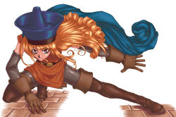 Rule 34 | 1girl, alena (dq4), boots, brown dress, cape, chunsoft, dragon quest, dragon quest iv, dress, enix, gloves, hat, pantyhose, red eyes, red hair, solo