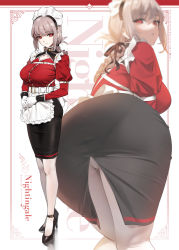 Rule 34 | 1girl, alternate costume, ass, ass focus, blouse, braid, braided ponytail, breasts, character name, fate/grand order, fate (series), florence nightingale (fate), full body, gloves, highres, juliet sleeves, large breasts, long hair, long sleeves, looking at viewer, pantyhose, pantylines, pink hair, projected inset, puffy sleeves, red eyes, red shirt, shirt, skirt, standing, taut clothes, thighs, yd (orange maru)