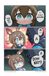 Rule 34 | 1boy, 1girl, 3koma, amiya (arknights), animal ear fluff, animal ears, arknights, border, brown hair, chibi, comic, commentary request, crying, doctor (arknights), english text, green eyes, hair between eyes, hands up, highres, hm (hmongt), long hair, long sleeves, looking up, rabbit ears, raised eyebrows, sparkling eyes, speech bubble, tears, trembling, twitter username, wavy eyes, white border