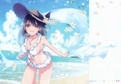 Rule 34 | 1girl, :d, absurdres, barefoot, beach, bikini, bikini skirt, black hair, blush, breasts, cleavage, cloud, day, floating hair, flower, frilled bikini, frilled bikini top, frills, front-tie top, grey eyes, hair between eyes, hat, highres, holding, jewelry, large breasts, looking at viewer, miniskirt, navel, necklace, ocean, open mouth, original, outdoors, pendant, scan, shawl, skirt, sky, smile, solo, standing, standing on one leg, stomach, straw hat, sun hat, swimsuit, tareme, thighs, u35, white bikini, white flower, white skirt