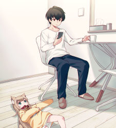 Rule 34 | 1boy, 1girl, 40hara, animal collar, animal ear fluff, animal ears, black hair, blonde hair, blunt bangs, cat ears, cat tail, cellphone, chair, chestnut mouth, clothes writing, collar, commentary request, cup, green eyes, indoors, kinako (40hara), long hair, looking at another, looking at phone, lying, mug, on back, open mouth, original, phone, red collar, shirt, short hair, sitting, slippers, smartphone, sweater, table, tail, tissue box, white shirt