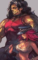 Rule 34 | 1boy, 1girl, bare shoulders, belt collar, black hair, breasts, capcom, chain, cleavage, collar, crop top, final fight, from side, green eyes, grey background, hat, holding, hugo andore, hungry clicker, large breasts, long hair, muscular, peaked cap, pink hair, poison (final fight), red shirt, riding crop, shirt, simple background, smile, street fighter, street fighter iii, wristband