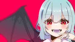 Rule 34 | 1girl, :d, bat wings, blue hair, blunt bangs, blurry, blurry background, blush, commentary request, depth of field, dot nose, fangs, hair between eyes, hand up, highres, light blue hair, looking at viewer, medium hair, no headwear, nuts syake, open mouth, portrait, red eyes, remilia scarlet, smile, soft focus, solo, teeth, tongue, touhou, wings