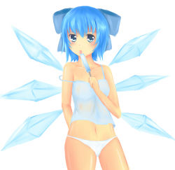 Rule 34 | 1girl, 460497467, blue eyes, blue hair, breasts, casual, cirno, fairy, fairy wings, female focus, food, hair ornament, licking, lowres, matching hair/eyes, navel, off shoulder, panties, popsicle, ribbon, short hair, simple background, small breasts, solo, standing, touhou, underwear, white background, white panties, wings