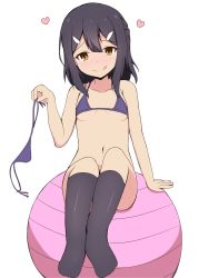 Rule 34 | 1girl, :q, absurdres, arm support, ball, bare arms, bare shoulders, bikini, bikini bottom only, unworn bikini bottom, black hair, black socks, blush, bottomless, breasts, brown eyes, closed mouth, collarbone, commentary request, exercise ball, fate/kaleid liner prisma illya, fate (series), hair between eyes, hair ornament, hairclip, hand up, head tilt, heart, highres, holding, holding bikini, holding bikini bottom, holding clothes, holding swimsuit, kneehighs, long hair, looking at viewer, mitchi, miyu edelfelt, navel, nose blush, purple bikini, side-tie bikini bottom, simple background, small breasts, smile, socks, solo, swimsuit, tongue, tongue out, white background