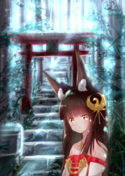 Rule 34 | 1girl, animal ears, azur lane, backlighting, bare shoulders, bird hair ornament, black hair, blunt bangs, collarbone, commentary request, dappled sunlight, dress, fox ears, hair ornament, jewelry, long hair, looking at viewer, m ko (maxft2), nagato (azur lane), necklace, off-shoulder dress, off shoulder, sidelocks, signature, solo, stairs, strapless, strapless dress, sunlight, torii, yellow eyes