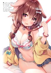Rule 34 | 1girl, absurdres, animal collar, animal ears, ayamy, blush, bone hair ornament, bracelet, braid, breasts, brown eyes, cartoon bone, cleavage, collar, dog ears, fang, hair ornament, highres, hololive, inugami korone, inugami korone (1st costume), jacket, jewelry, large breasts, looking at viewer, navel, off shoulder, open mouth, red collar, scan, shiny skin, simple background, sitting, skin fang, smile, solo, stomach, thighs, twin braids, virtual youtuber, white background, yellow jacket