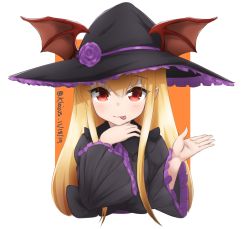 Rule 34 | 1girl, :p, black dress, black hat, blonde hair, border, closed mouth, commentary, dated, dress, granblue fantasy, halloween, halloween costume, hand up, hat, head wings, head wings through headwear, highres, klaius, long hair, looking at viewer, orange background, pointy ears, red eyes, smile, solo, tongue, tongue out, twitter username, upper body, vampy, white border, wide sleeves, wings, witch hat
