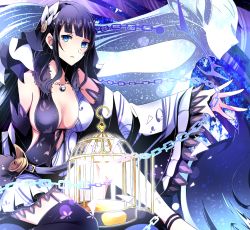 Rule 34 | 1girl, black hair, black nails, black ribbon, black thighhighs, blue eyes, blunt bangs, breasts, cage, chain, cleavage, detached sleeves, divine gate, frown, garter straps, hair ornament, highres, large breasts, long hair, long sleeves, looking at viewer, mady (madine08260), miniskirt, nail polish, print sleeves, ribbon, sitting, skirt, solo, thighhighs, very long hair, white skirt, wide sleeves