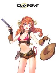 Rule 34 | 1girl, :d, belt, bikini, bikini top only, braid, brown gloves, brown hat, brown shorts, closers, collarbone, copyright name, cowboy shot, fingerless gloves, floating hair, gloves, gun, hair between eyes, hair ornament, hair ribbon, hairband, hat, holding, holding gun, holding weapon, long hair, looking at viewer, luna aegis (closers), midriff, navel, official art, open mouth, orange hair, pink eyes, red bikini, red hairband, ribbon, short shorts, shorts, single braid, smile, solo, standing, star (symbol), star hair ornament, stomach, swimsuit, weapon, whip, yellow ribbon