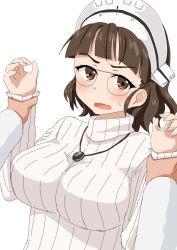 Rule 34 | 1boy, 1girl, arm grab, blunt bangs, blush, breasts, brown eyes, brown hair, eyewear strap, fang, glasses, headdress, holding another&#039;s wrist, jewelry, junes, kantai collection, large breasts, long sleeves, necklace, official alternate costume, open mouth, pince-nez, ribbed sweater, roma (kancolle), short hair, simple background, skin fang, solo focus, sweat, sweater, turtleneck, turtleneck sweater, upper body, white background, white sweater