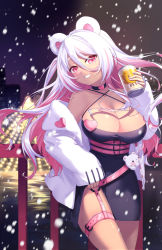 Rule 34 | 1girl, alcohol, animal ears, bare shoulders, bear, bear ears, bear girl, beer, belt, breasts, chinese commentary, cleavage, colored inner hair, cowboy shot, criss-cross halter, dark skin, forehead, grin, hair between eyes, halterneck, head tilt, heart collar, highres, holding, jacket, large breasts, long sleeves, looking at viewer, multicolored hair, o-ring, off shoulder, original, outdoors, pink eyes, pink hair, polar bear, poppy (poppykakaka), railing, shadow, smile, snowing, solo, tan, thigh strap, two-tone hair, white hair