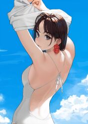 Rule 34 | 1girl, arms up, back, blue sky, breasts, brown eyes, brown hair, cloud, day, earrings, flower earrings, from behind, highres, jewelry, looking at viewer, looking back, medium breasts, one-piece swimsuit, original, shirt, short hair, sky, solo, swimsuit, undressing, white one-piece swimsuit, white shirt, yomu (sgt epper)