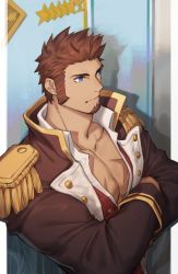 Rule 34 | 00047, 1boy, bara, brown hair, brown jacket, cross scar, crossed arms, epaulettes, facial hair, fate/grand order, fate (series), goatee, high collar, highres, jacket, large pectorals, long sideburns, male focus, muscular, muscular male, napoleon bonaparte (fate), partially unbuttoned, pectoral cleavage, pectorals, scar, scar on chest, shirt, short hair, sideburns, solo, upper body, white shirt