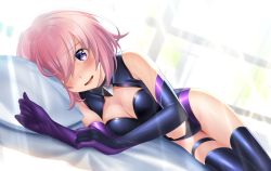 Rule 34 | 1girl, bed sheet, black gloves, black leotard, black thighhighs, blush, breasts, cleavage, cleavage cutout, clothing cutout, elbow gloves, fate/grand order, fate (series), gloves, hair over one eye, highres, leotard, looking at viewer, lying, mash kyrielight, medium breasts, medium hair, nyanmaru, on side, open mouth, pillow, pink hair, purple eyes, purple gloves, shiny clothes, shiny legwear, solo, stomach cutout, thigh strap, thighhighs, two-tone gloves