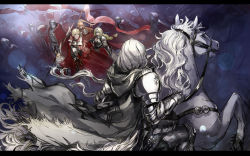 Rule 34 | 5boys, 6+girls, armor, bertrand (pixiv fantasia last saga), blonde hair, cape, crowd, elf, erika lacy, eye contact, flag, gauntlets, grey cape, grey knight julia, highres, horse, horseback riding, laurel knight sylvester, letterboxed, looking at another, marigold (pixiv fantasia last saga), multiple boys, multiple girls, pixiv fantasia, pixiv fantasia last saga, plate armor, pointy ears, polearm, ponytail, rabbit, red cape, reins, riding, ryuuzaki ichi, standing, weapon, white hair